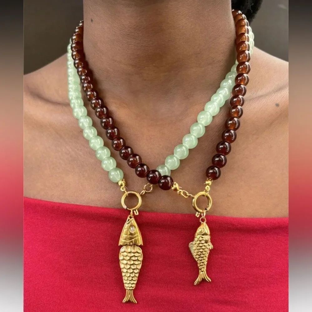 Gold Fish Pendant Beaded Necklace R236